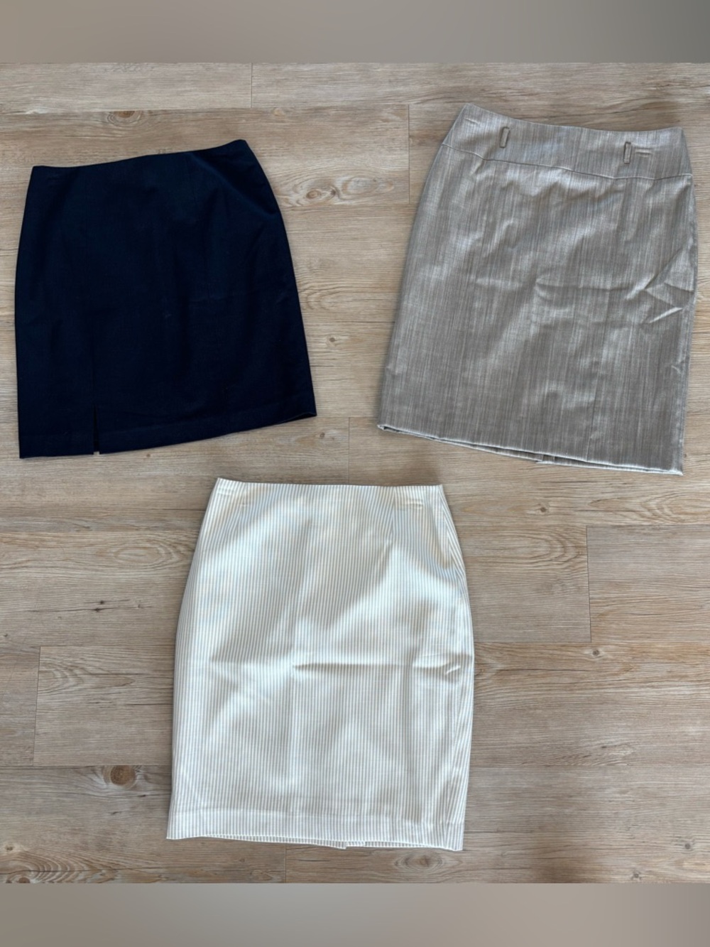 Alex Marie Set of Three Pencil Skirts in Black, Silver, and Cream Pinstripe
